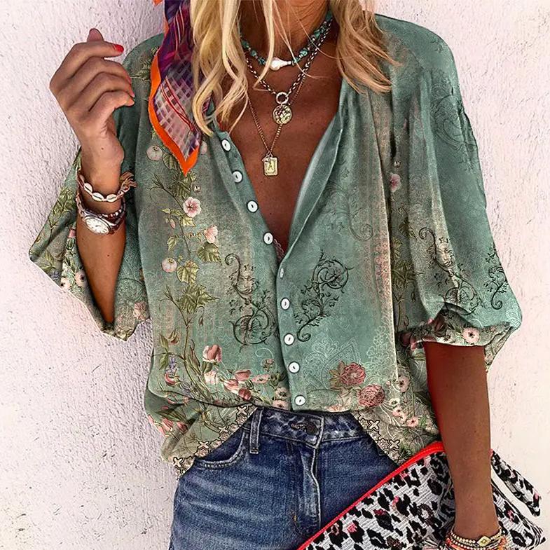 Women's Relaxed Printed Button-Up Blouse with Puff Sleeves – Lightweight V Neck Summer Shirt for Casual and Weekend Wear