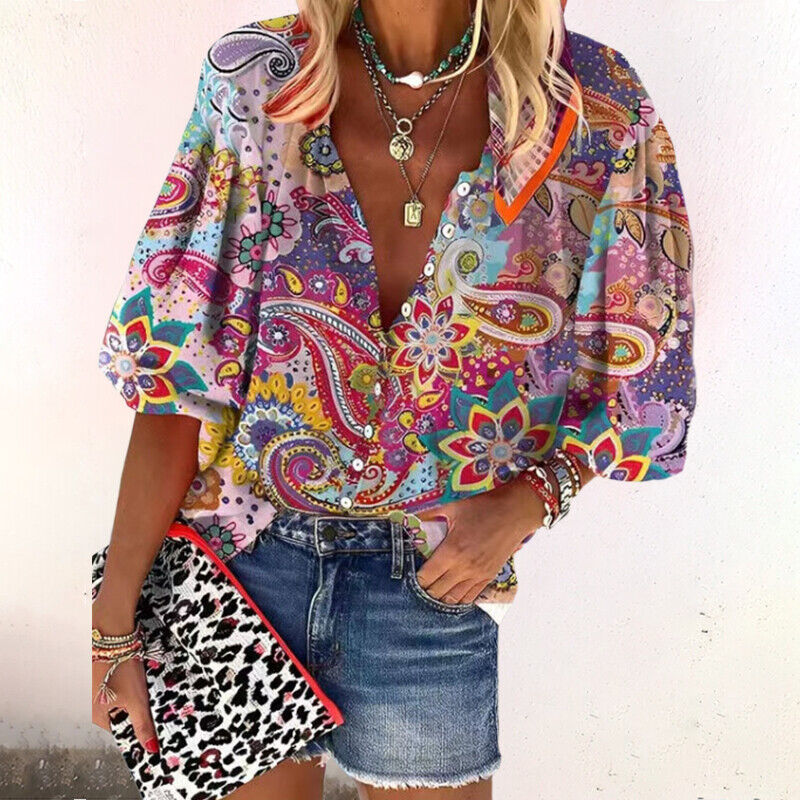 Women's Relaxed Printed Button-Up Blouse with Puff Sleeves – Lightweight V Neck Summer Shirt for Casual and Weekend Wear