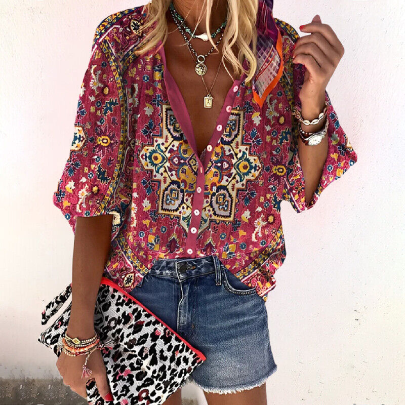 Women's Relaxed Printed Button-Up Blouse with Puff Sleeves – Lightweight V Neck Summer Shirt for Casual and Weekend Wear