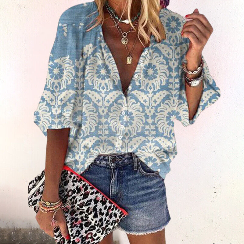 Women's Relaxed Printed Button-Up Blouse with Puff Sleeves – Lightweight V Neck Summer Shirt for Casual and Weekend Wear
