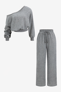 Women's Off Shoulder Two-Piece Loungewear Set – Cropped Long Sleeve Sweatshirt and Wide Leg Drawstring Trousers for Casual Everyday Wear