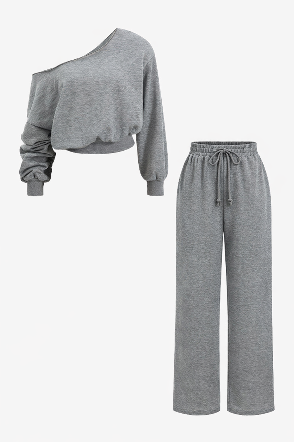 Women's Off Shoulder Two-Piece Loungewear Set – Cropped Long Sleeve Sweatshirt and Wide Leg Drawstring Trousers for Casual Everyday Wear