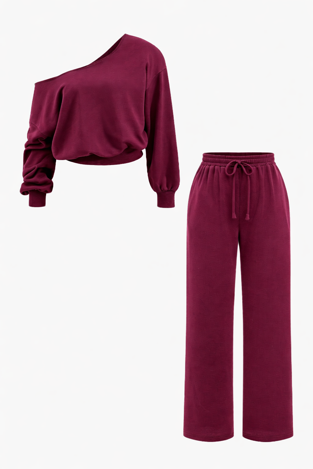 Women's Off Shoulder Two-Piece Loungewear Set – Cropped Long Sleeve Sweatshirt and Wide Leg Drawstring Trousers for Casual Everyday Wear
