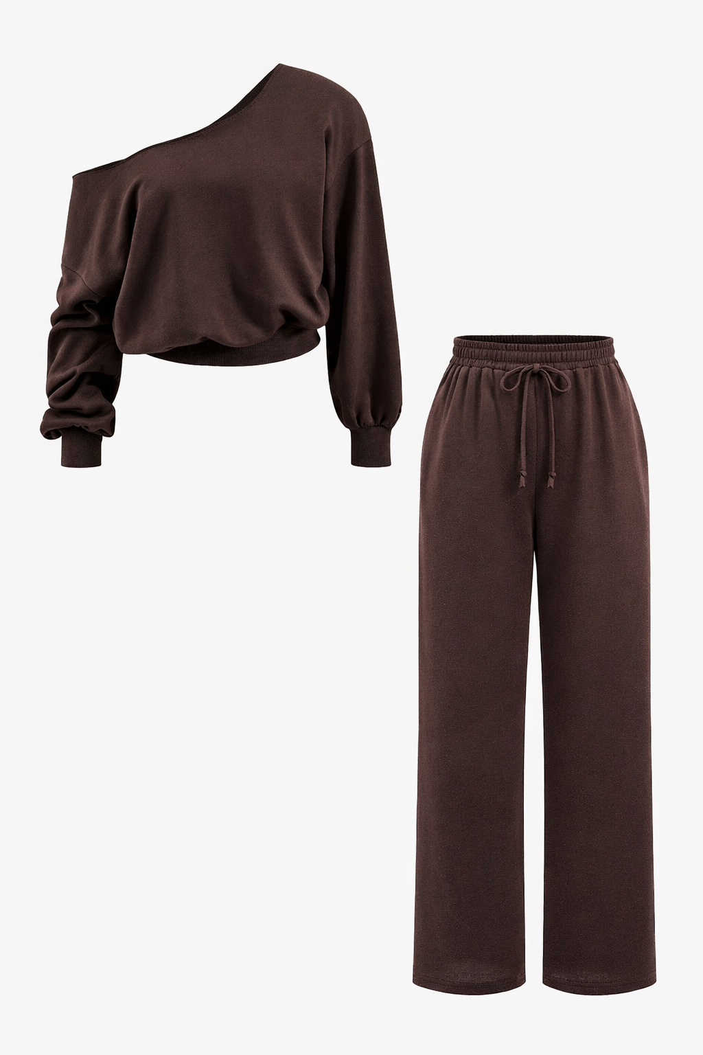 Women's Off Shoulder Two-Piece Loungewear Set – Cropped Long Sleeve Sweatshirt and Wide Leg Drawstring Trousers for Casual Everyday Wear