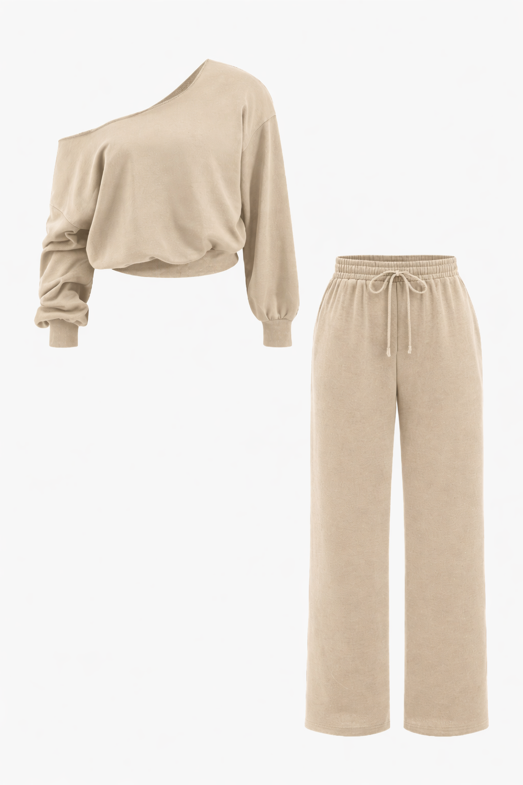 Women's Off Shoulder Two-Piece Loungewear Set – Cropped Long Sleeve Sweatshirt and Wide Leg Drawstring Trousers for Casual Everyday Wear