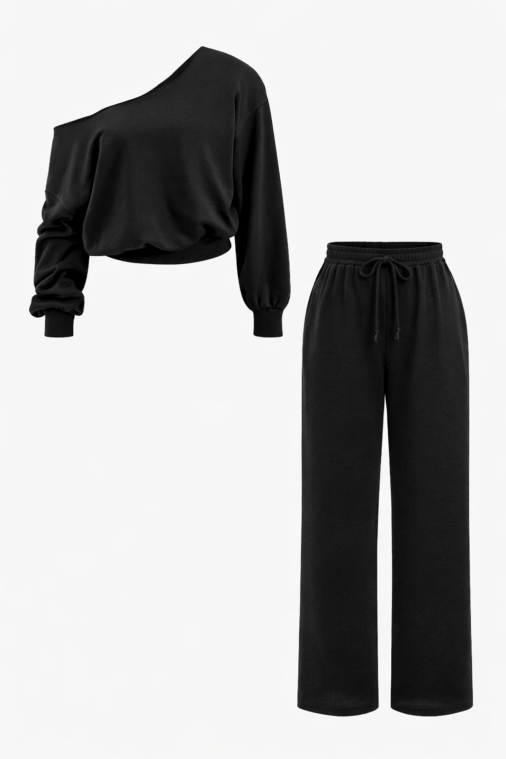 Women's Off Shoulder Two-Piece Loungewear Set – Cropped Long Sleeve Sweatshirt and Wide Leg Drawstring Trousers for Casual Everyday Wear