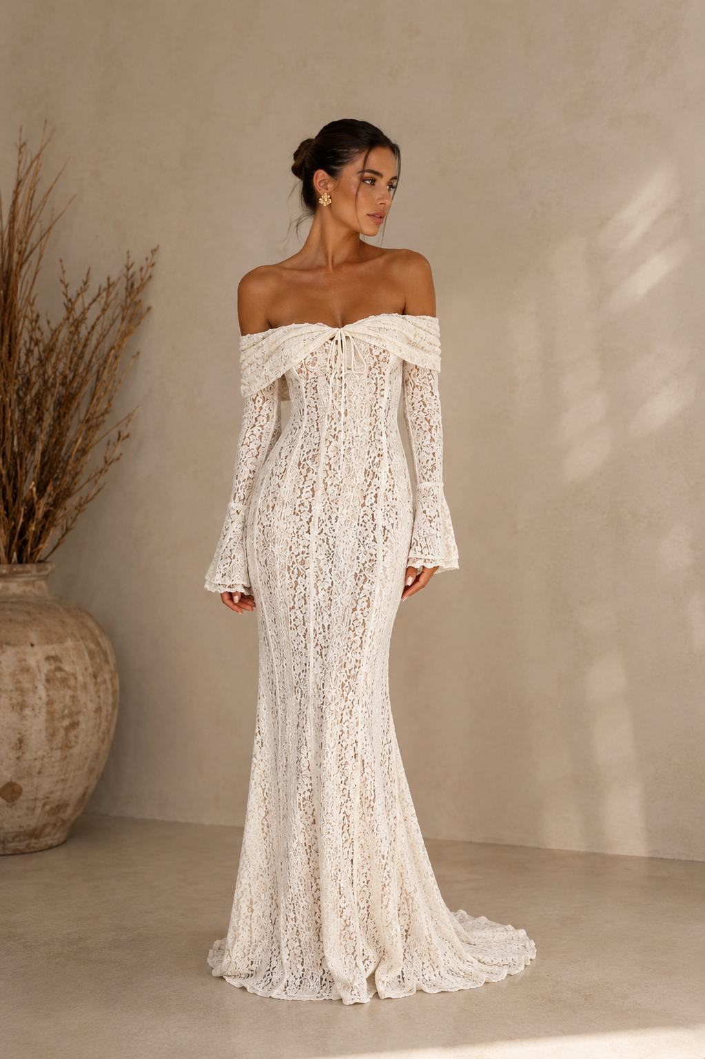 Isadore - Lace Maxi Dress with Off-Shoulder Neckline and Train Detail