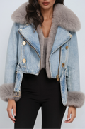 Women’s Cropped Denim Jacket with Plush Fur Collar and Cuffs – Warm Casual Winter Outerwear with Statement Detailing