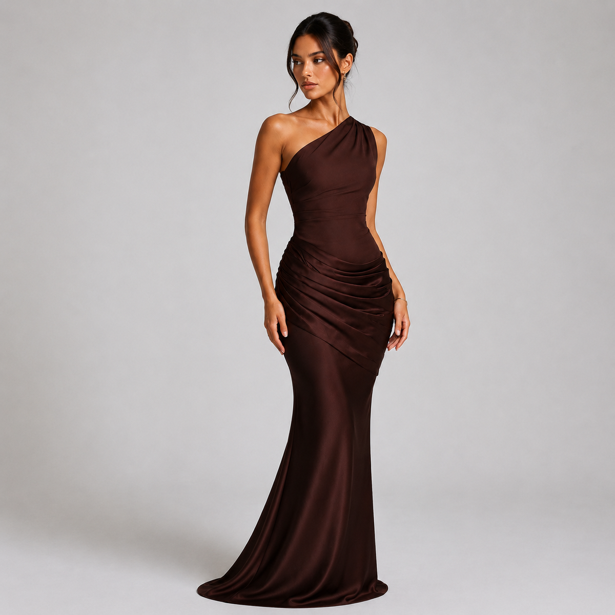 Women's One Shoulder Ruched Maxi Evening Dress