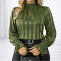 Women’s Satin-Look Striped Blouse with Shirred High Neck – Long Blouson Sleeves and Ruffled Cuffs for Elegant Styling