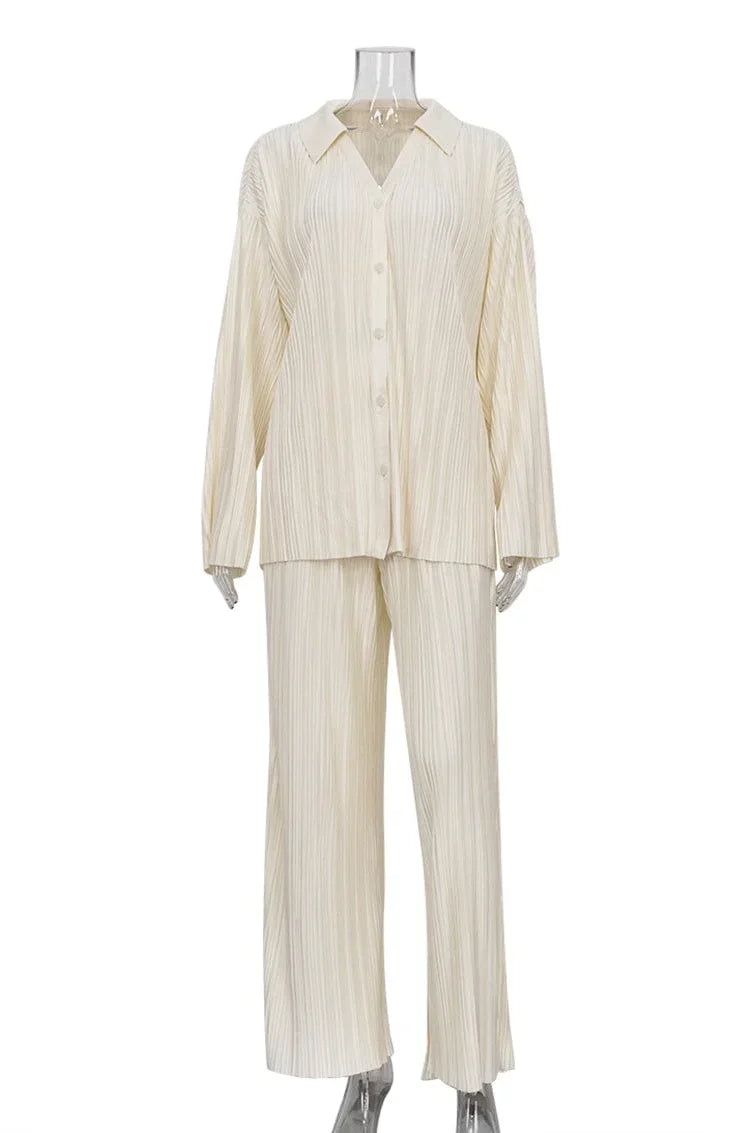 Solid Pleated Long Sleeve Trousers Set