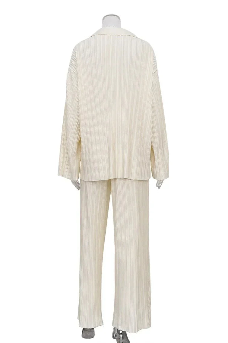 Solid Pleated Long Sleeve Trousers Set