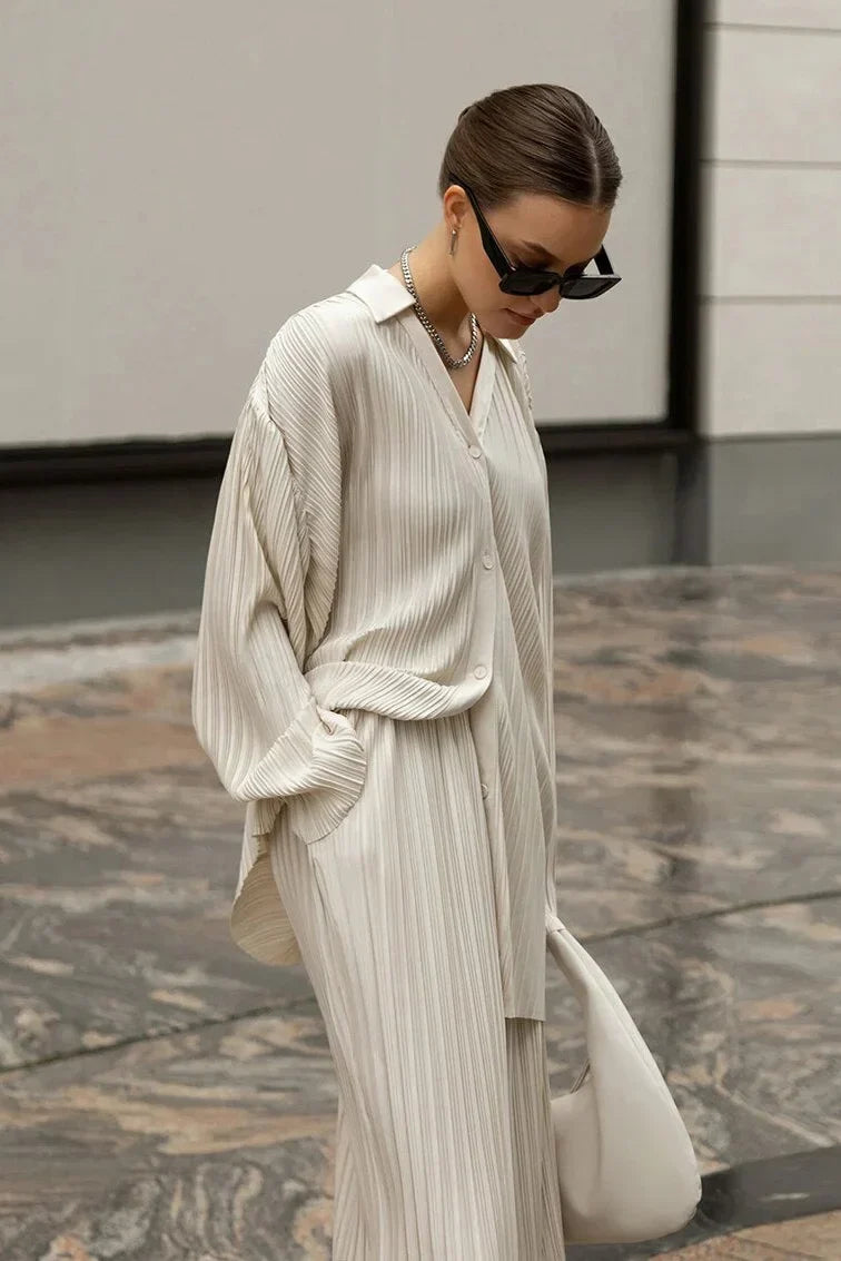 Solid Pleated Long Sleeve Trousers Set