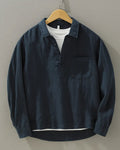 Men's Linen Shirt Half Button Popover Oversized Long Sleeve