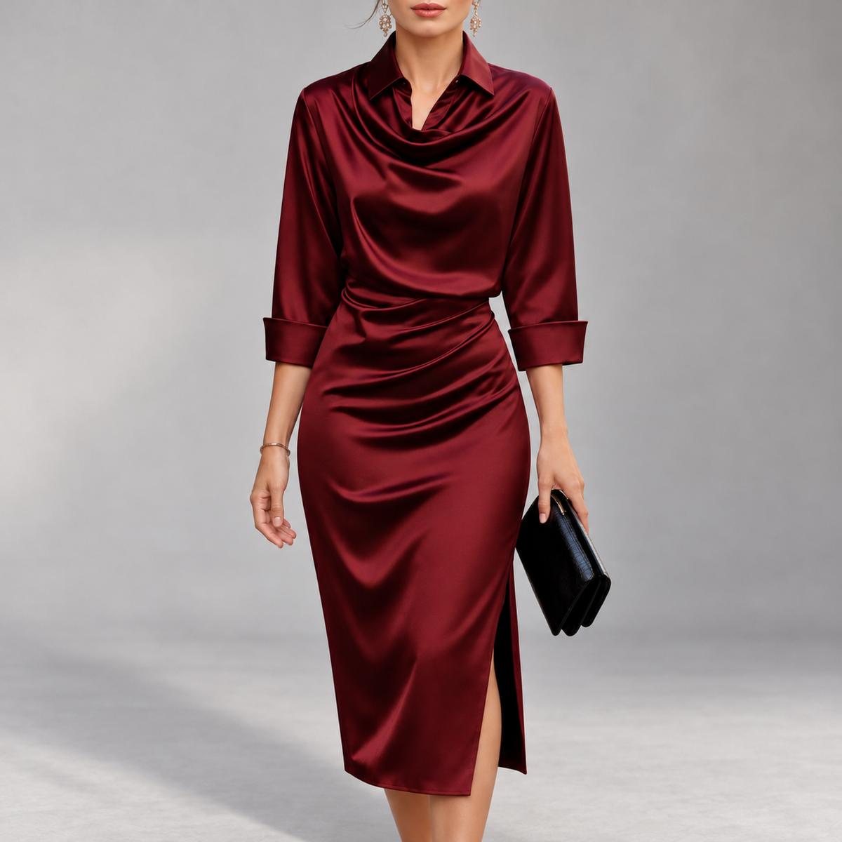 Criza - Women's Satin Cowl Neck Ruched Dress