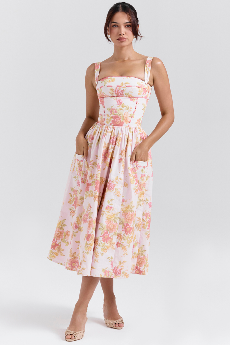 Cybele Peach Poppy Print Midi-Length Dress