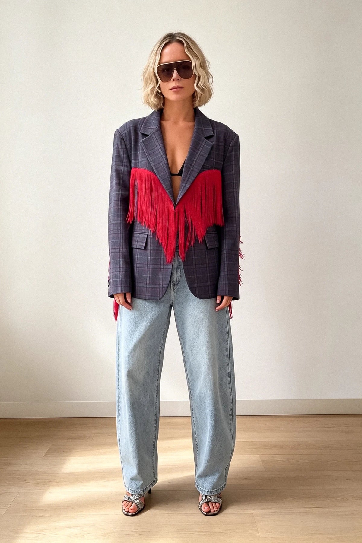 Modern Plaid Blazer with Red Fringe Angel Wings