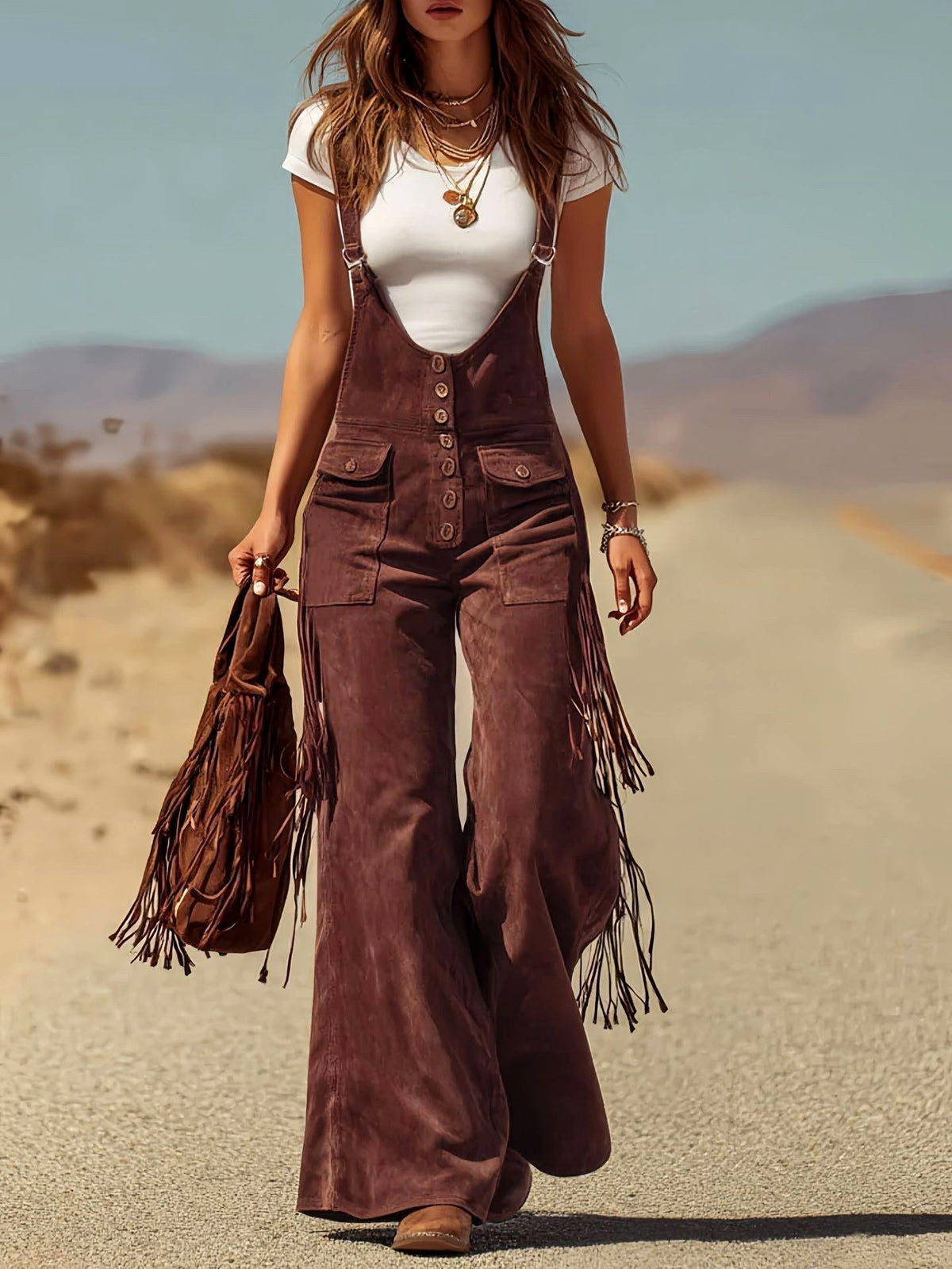 Daisy - Women's Button-Front Suede Flare Jumpsuit
