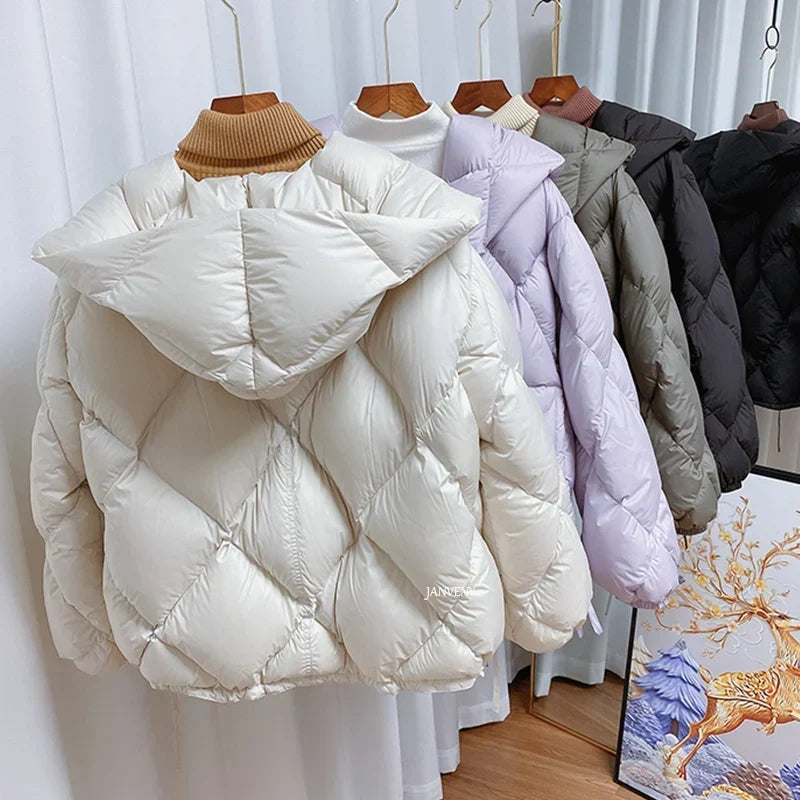 Women's Short Down Jacket with Hood in Cocoon Style for Winter