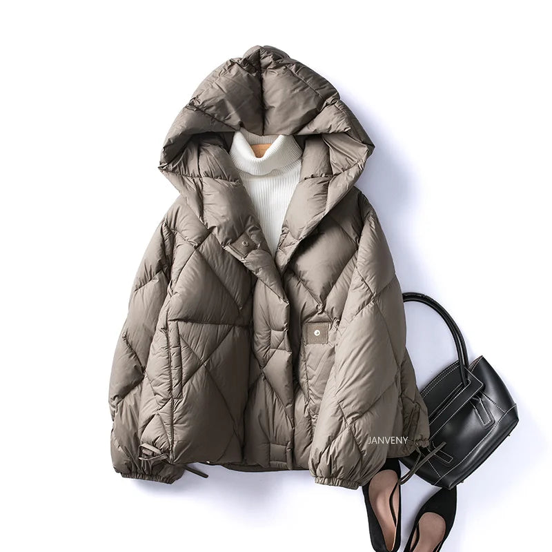 Women's Short Down Jacket with Hood in Cocoon Style for Winter