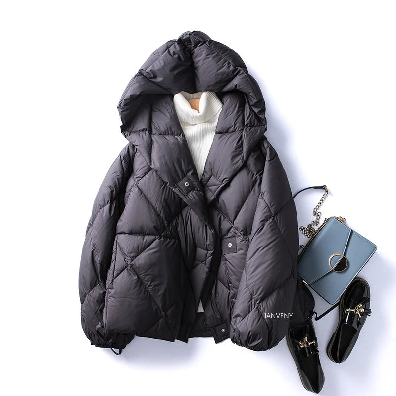 Women's Short Down Jacket with Hood in Cocoon Style for Winter