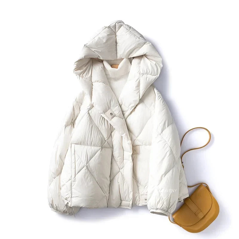 Women's Short Down Jacket with Hood in Cocoon Style for Winter