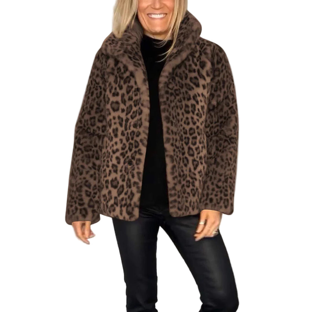 Women's Oversized Faux Fur Coat with Leopard Print