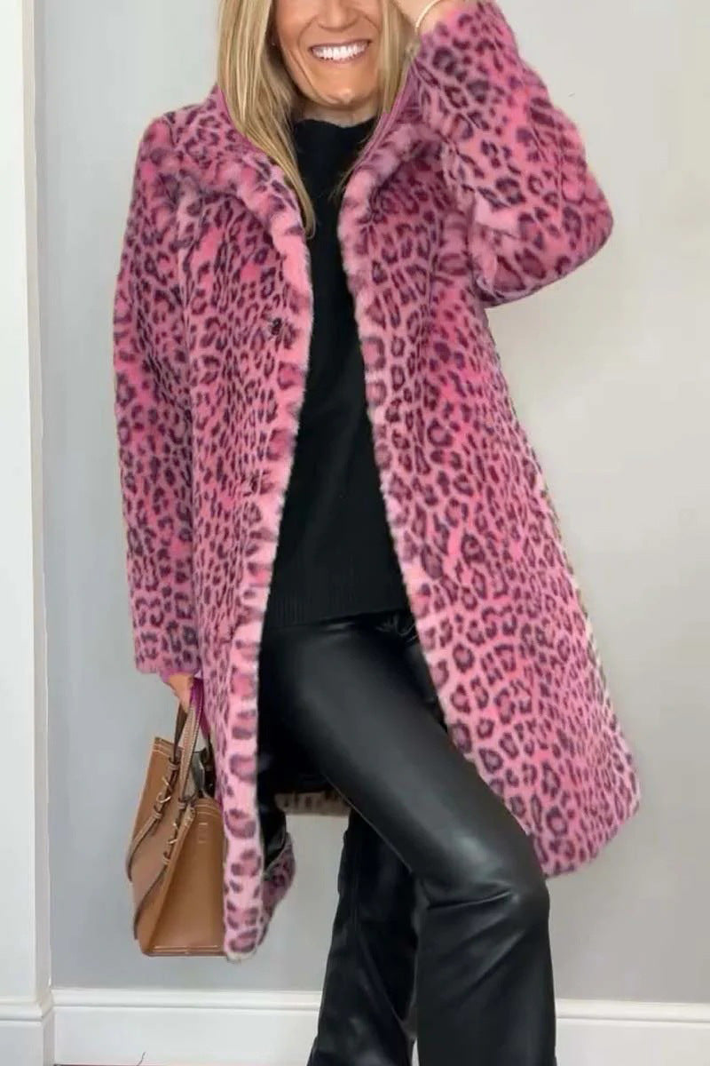 Women's Oversized Faux Fur Coat with Leopard Print