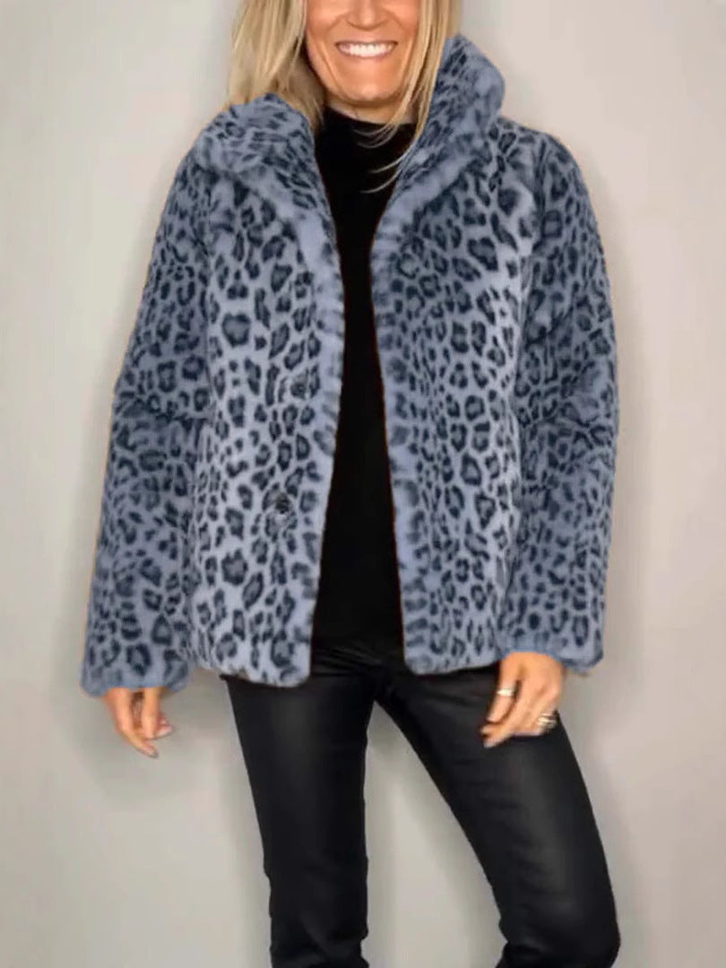 Women's Oversized Faux Fur Coat with Leopard Print