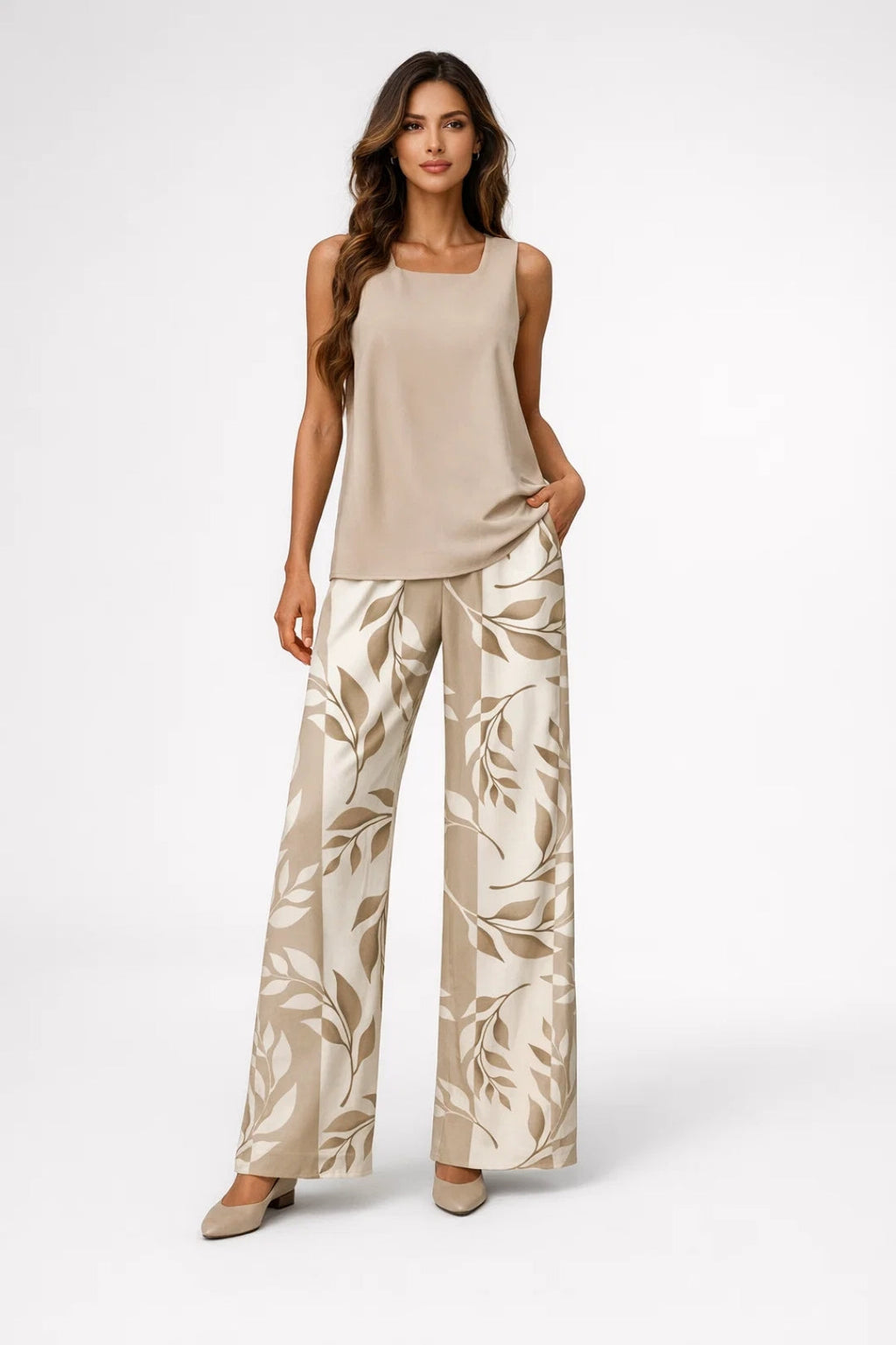 Women's Sleeveless Square Neck Top and Printed Wide Leg Trousers Set – Relaxed Summer Co-Ord for Holidays and Casual Wear