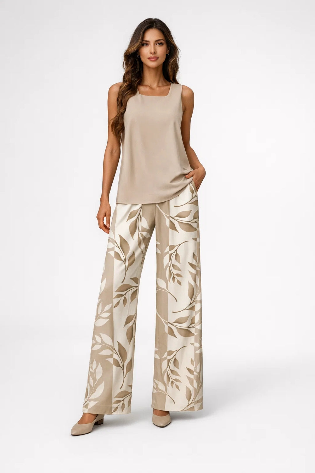 Women's Sleeveless Square Neck Top and Printed Wide Leg Trousers Set – Relaxed Summer Co-Ord for Holidays and Casual Wear