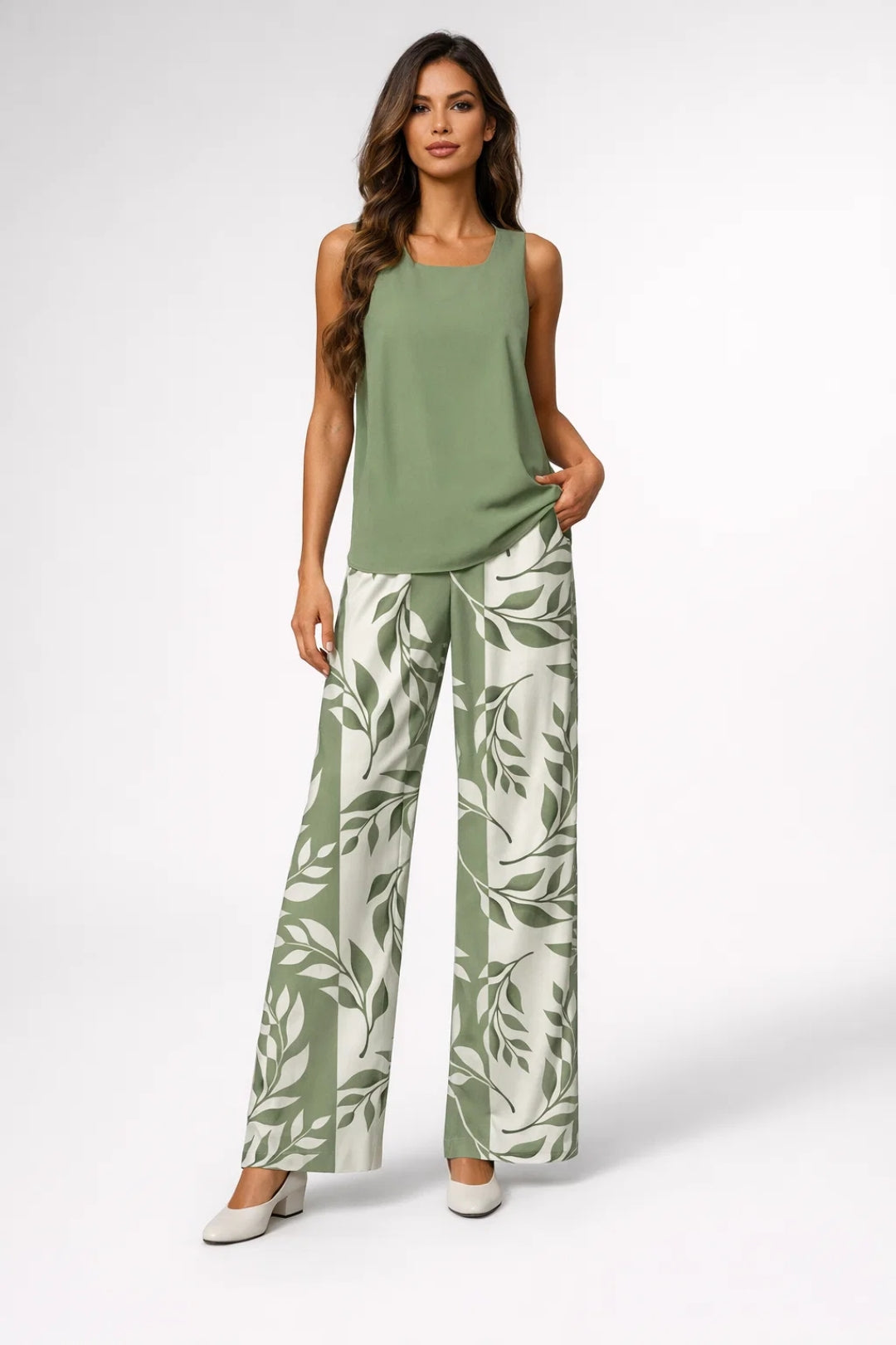 Women's Sleeveless Square Neck Top and Printed Wide Leg Trousers Set – Relaxed Summer Co-Ord for Holidays and Casual Wear