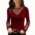 Women's Elegant V Neck Blouse with Sheer Embroidered Lace Panels – Fitted Long Sleeve Top for Evening and Smart Casual Wear