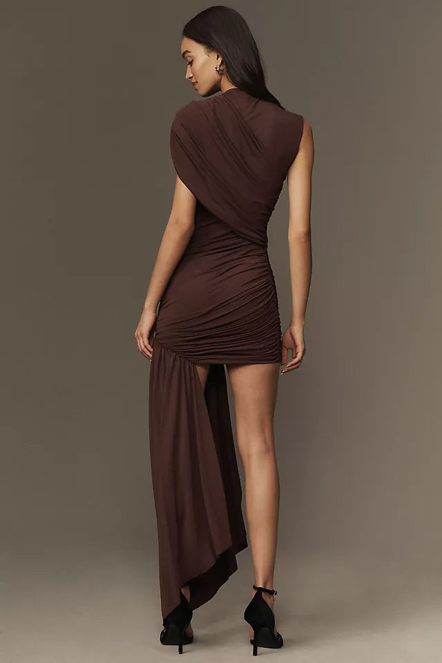 Valencia Chocolate Draped Jersey Mini-Length Dress