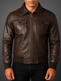 Denzel - Men's Leather Bomber Jacket with Flap Pockets