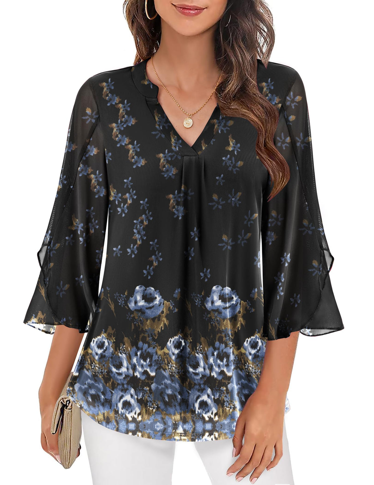 Women's Elegant Printed Mesh V Neck Blouse with Flared Three Quarter Sleeves – Lightweight Layered Top for Office and Smart Casual Wear