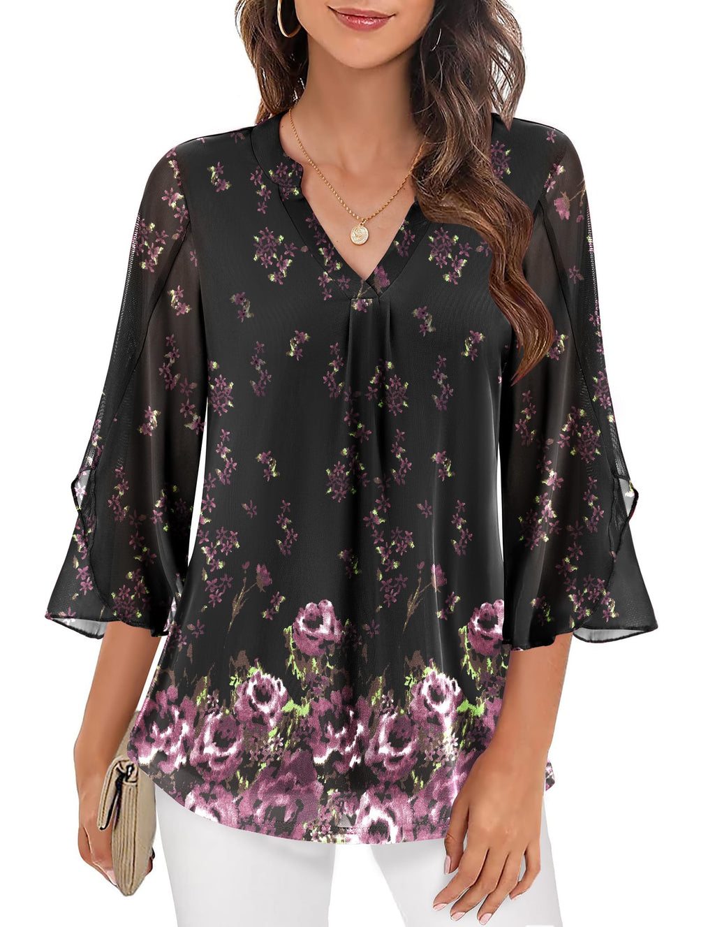 Women's Elegant Printed Mesh V Neck Blouse with Flared Three Quarter Sleeves – Lightweight Layered Top for Office and Smart Casual Wear