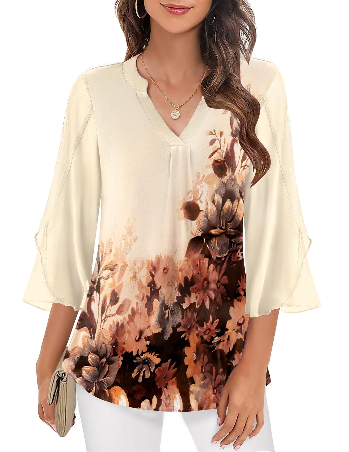 Women's Elegant Printed Mesh V Neck Blouse with Flared Three Quarter Sleeves – Lightweight Layered Top for Office and Smart Casual Wear