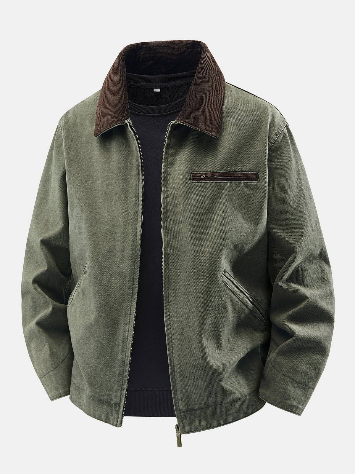 Men's Vintage Washed Cotton Utility Jacket – Relaxed Zip-Up Workwear with Corduroy Collar for Autumn and Casual Streetwear