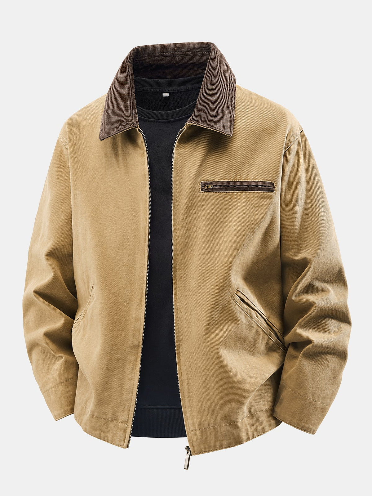 Men's Vintage Washed Cotton Utility Jacket – Relaxed Zip-Up Workwear with Corduroy Collar for Autumn and Casual Streetwear