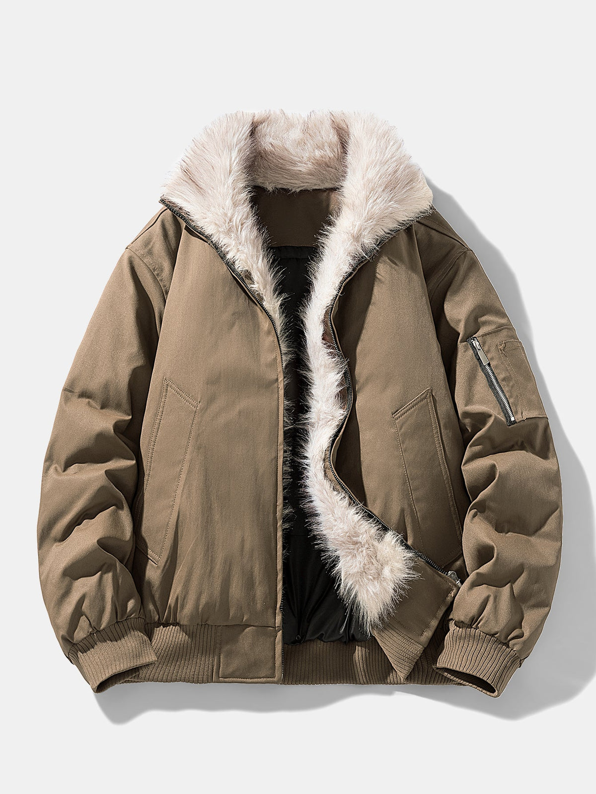 Men's Padded Bomber Jacket with Faux Fur Collar – Oversized Zip-Up Winter Outerwear for Casual Streetwear