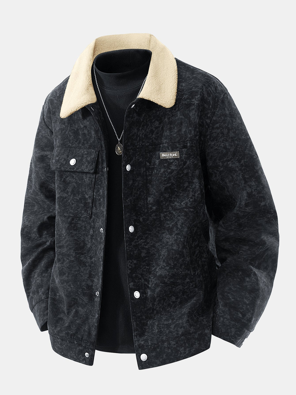 Men's Sherpa-Lined Corduroy Jacket – Warm Snap-Button Collared Outerwear with Pockets for Autumn and Winter