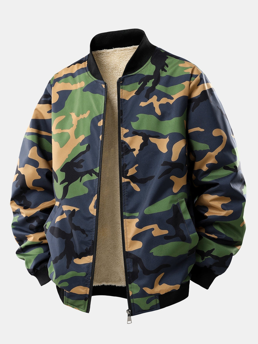 Men's Teddy-Lined Camouflage Bomber Jacket – Warm Zip-Up Winter Outerwear with Sherpa Fleece Lining and Ribbed Trims