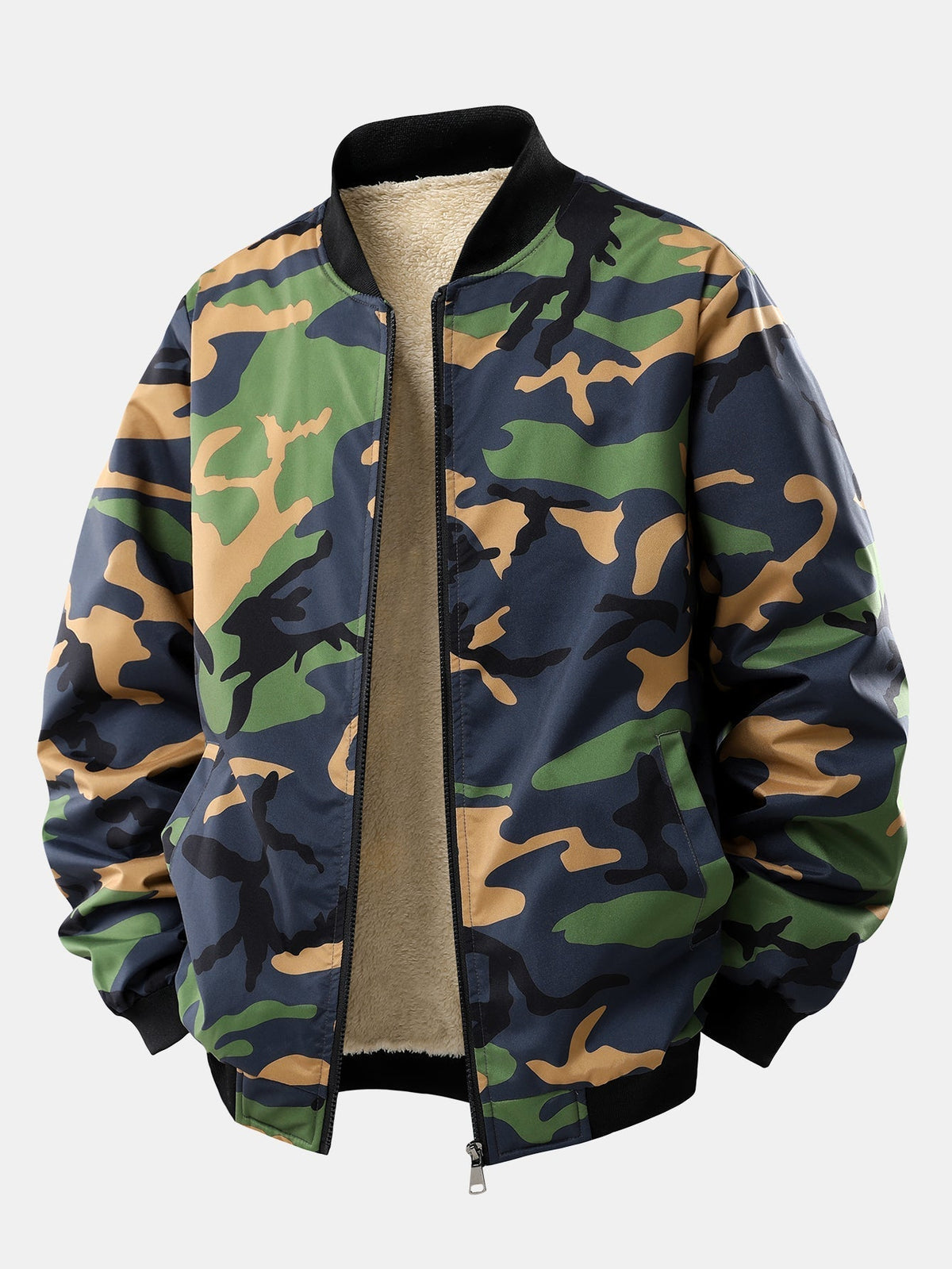 Men's Teddy-Lined Camouflage Bomber Jacket – Warm Zip-Up Winter Outerwear with Sherpa Fleece Lining and Ribbed Trims