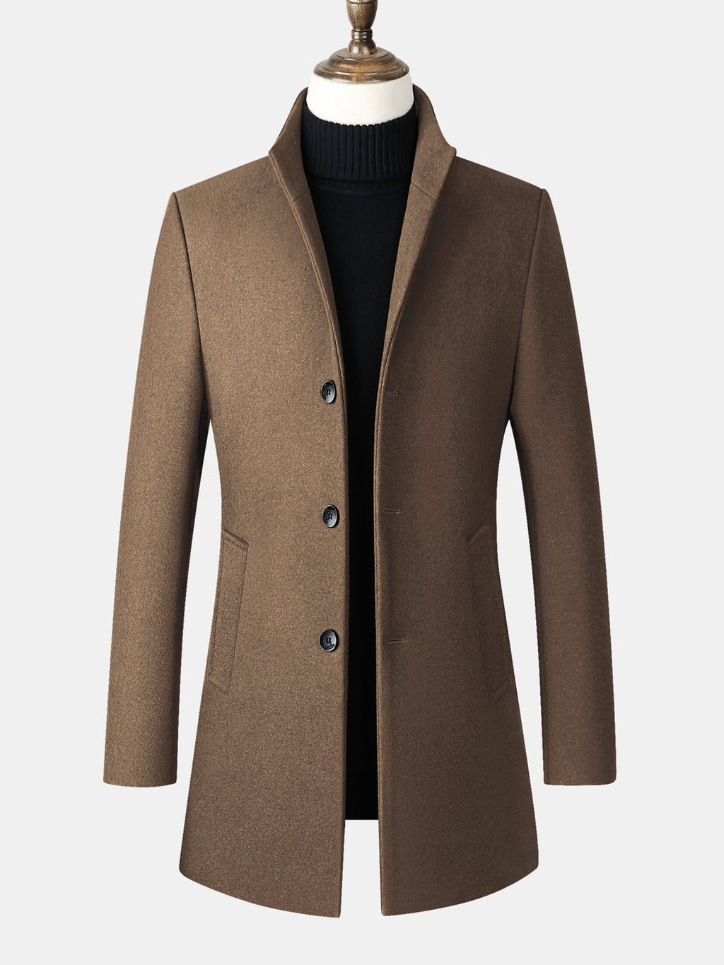 Men's Tailored Wool Blend Overcoat – Smart Stand Collar Button-Up Long Coat for Autumn and Winter Formal Wear