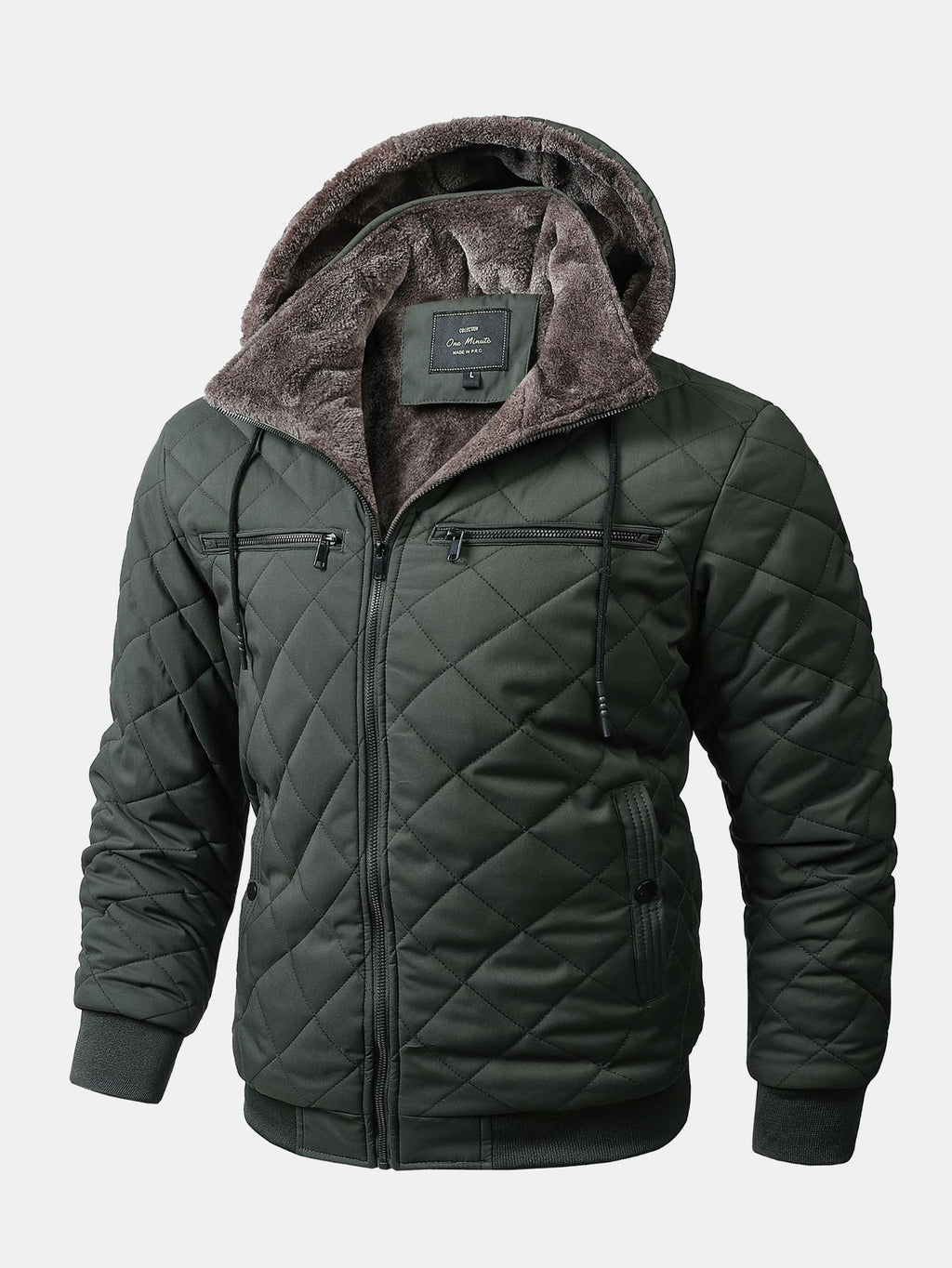 Men's Faux Fur-Lined Hooded Quilted Jacket – Warm Diamond Padded Winter Outerwear with Drawstring Hood and Zip Pockets