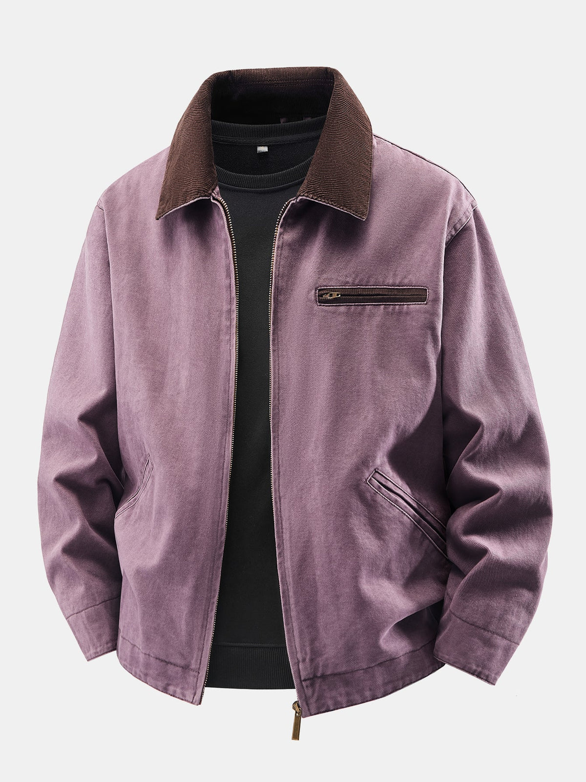 Men's Vintage Washed Cotton Utility Jacket – Relaxed Zip-Up Workwear with Corduroy Collar for Autumn and Casual Streetwear
