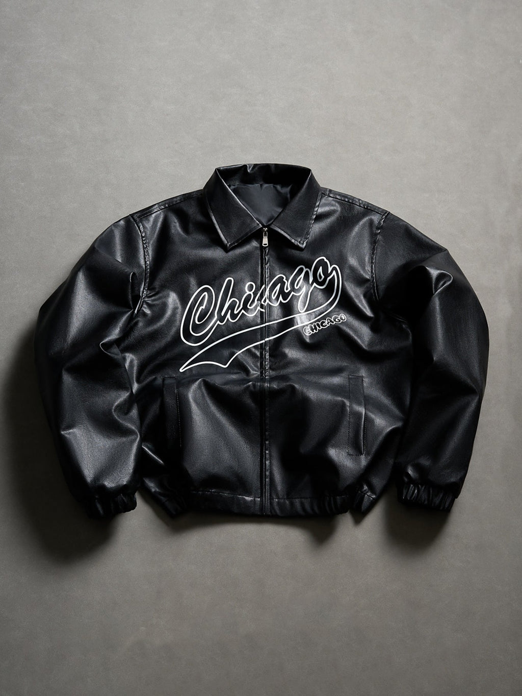 Men's Vintage-Inspired Faux Leather Bomber Jacket – Printed Zip-Up Collared Outerwear for Casual Streetwear