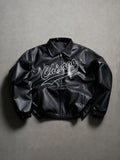 Men's Vintage-Inspired Faux Leather Bomber Jacket – Printed Zip-Up Collared Outerwear for Casual Streetwear