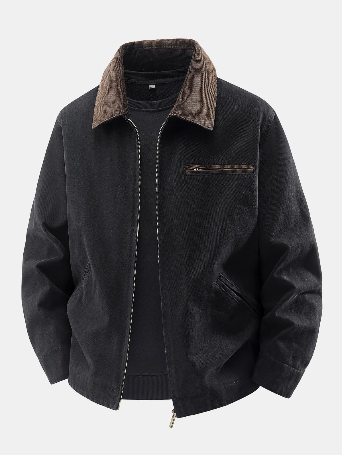 Men's Vintage Washed Cotton Utility Jacket – Relaxed Zip-Up Workwear with Corduroy Collar for Autumn and Casual Streetwear